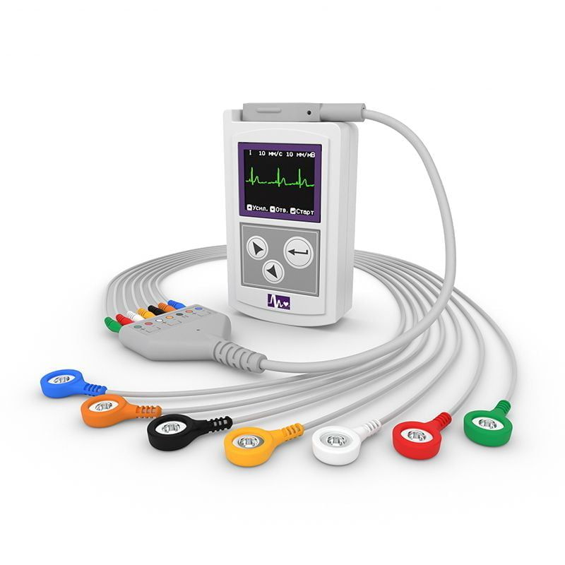 A portable electrocardiogram (ECG) device with multiple leads for heart monitoring.
