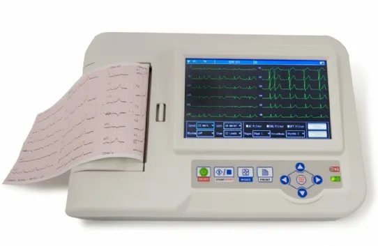 A medical electrocardiograph machine displaying heart rate data and printing results.