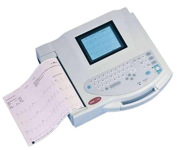 An electrocardiogram (ECG) machine displaying and printing heart activity data.