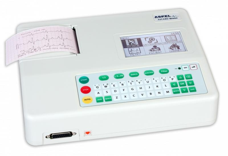 A medical electrocardiograph machine displaying heart activity on a printout and screen.